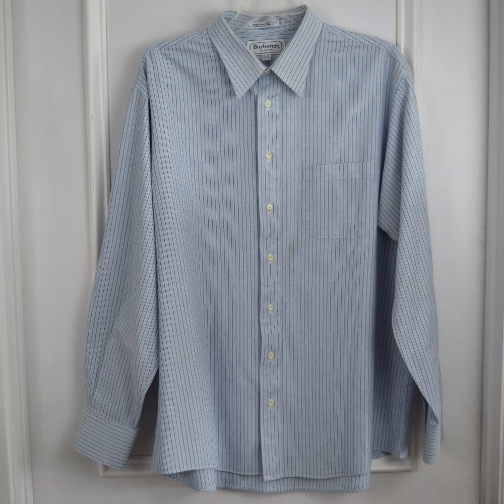 Burberrys Shirt Men 17.5 l 35 Linen Cotton Stripe Preppy Classic Blue
